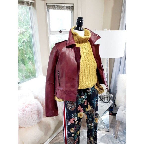 NWT Bod & Christensen faded bordeaux red moto cropped leather jacket, M - Picture 3 of 8